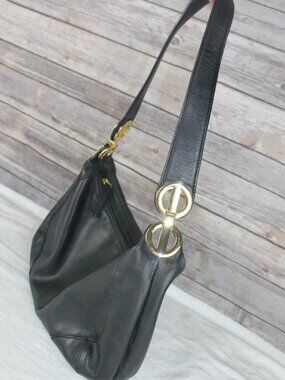 Tignanello Black Leather Hobo Shoulder Bag Gold Tone Hardware Everyday Handbag